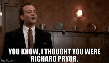 Six panels show actor Tom Hanks in a suit and tie, smiling and laughing in a courtroom setting, with the same overlaid text…
