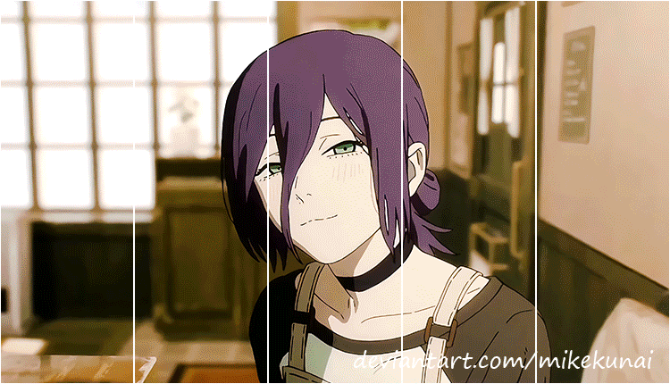 The image is a two-row collage of anime scenes featuring a character with purple hair and green eyes. The top row shows her…