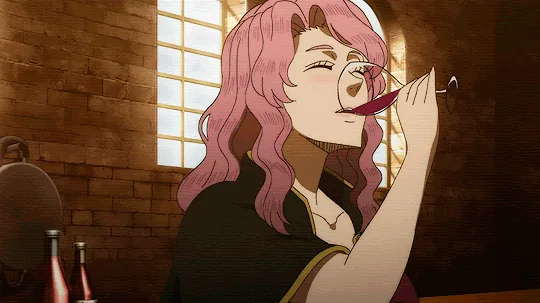 The image shows a split-screen of an anime character with pink hair, first sipping wine with a blissful expression, then…