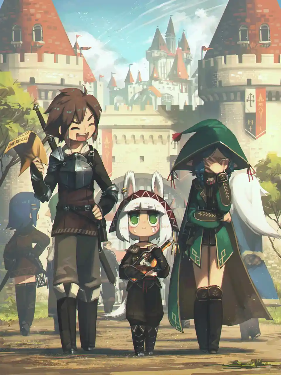 An anime-style illustration shows four fantasy characters in front of a castle. A cheerful warrior with brown hair and a…