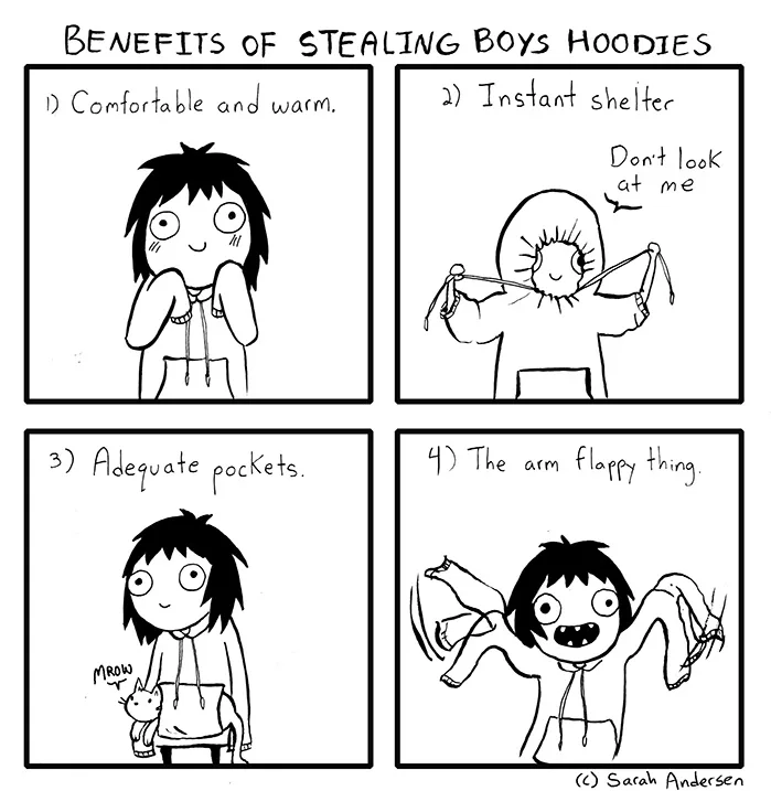 A four-panel comic strip by Sarah Andersen titled 'BENEFITS OF STEALING BOYS HOODIES'. Each panel shows a character wearing…