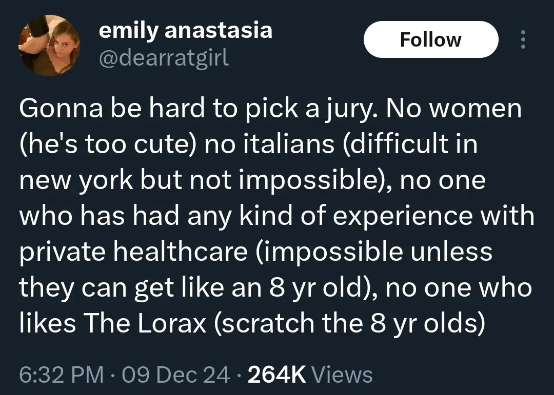 A screenshot of a tweet by user 'emily anastasia' (@dearratgirl) with a dark background and white text. The tweet humorously…