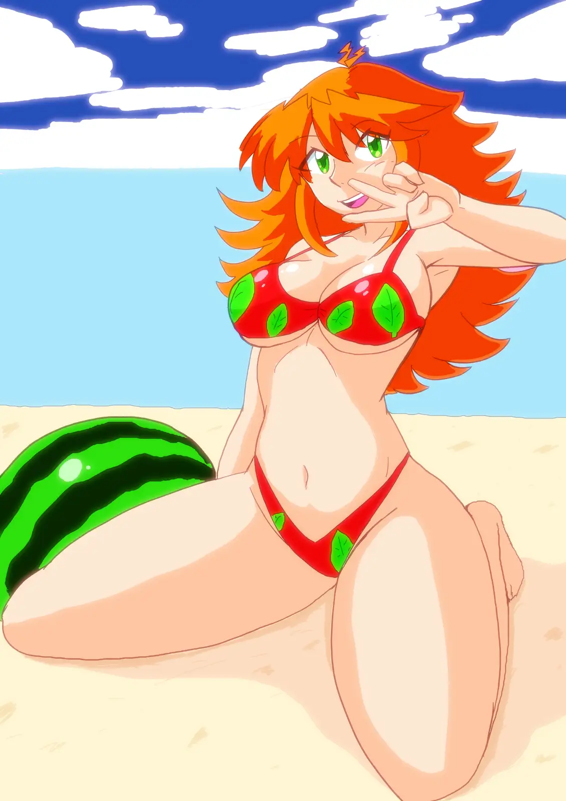 An anime-style illustration shows a woman with orange hair and green eyes sitting on a beach, wearing a red bikini adorned…