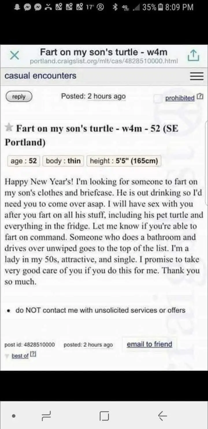 A screenshot of a Craigslist 'casual encounters' post from a 52-year-old woman in SE Portland who is seeking someone to fart…