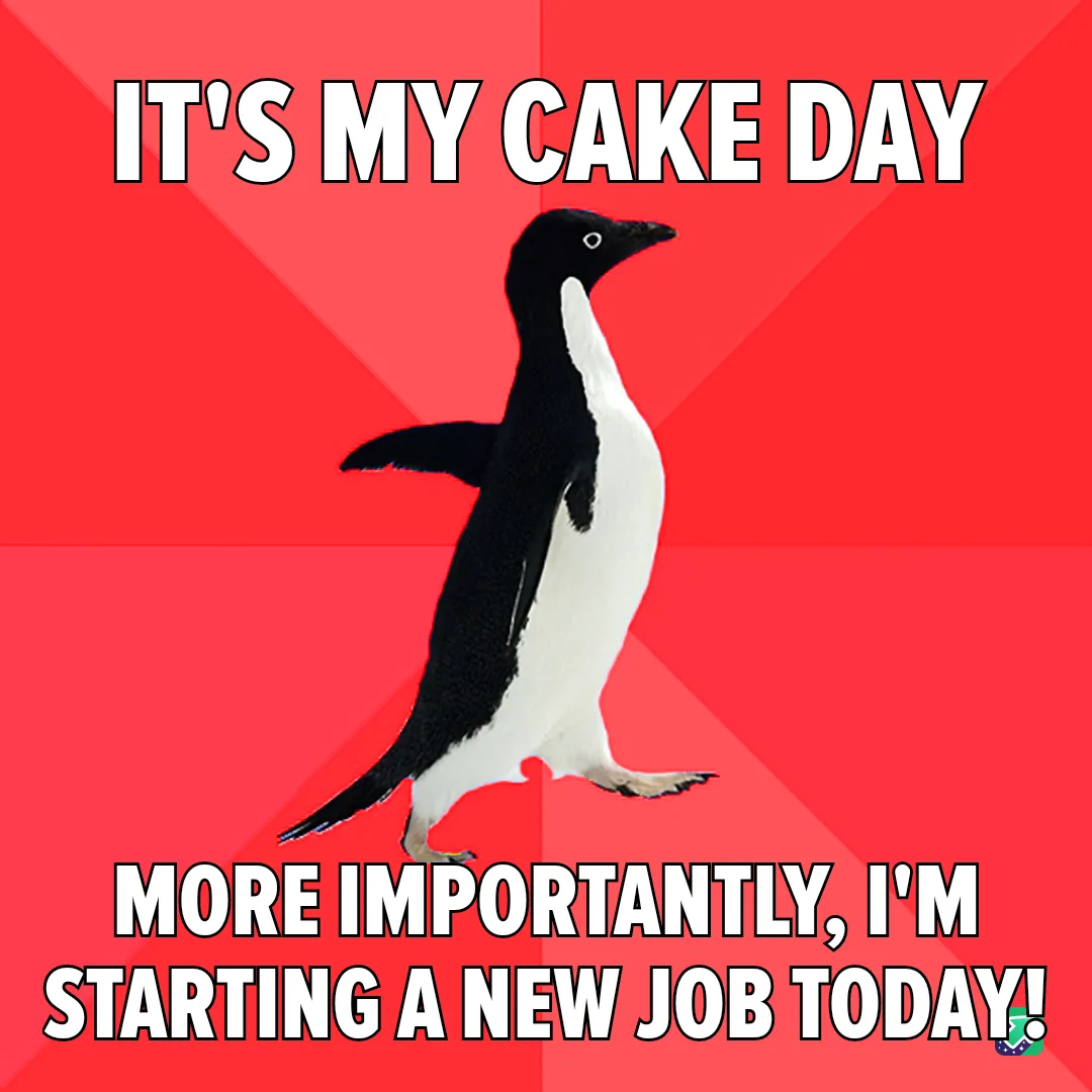A black-and-white penguin stands against a red background with diagonal stripes. The text at the top reads 'IT'S MY CAKE…
