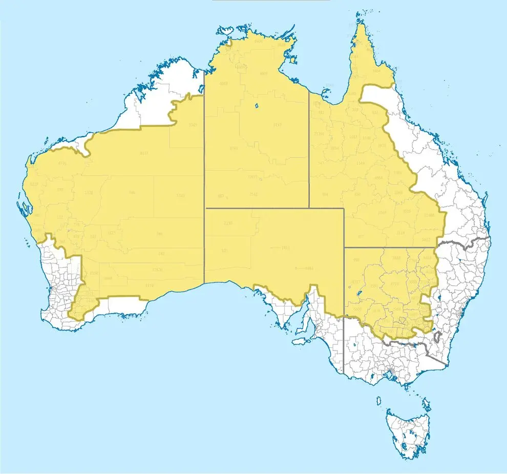 A map of Australia shows most of the country highlighted in yellow, with only a narrow coastal strip along the eastern and…