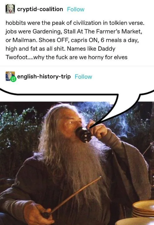 An image of Gandalf the Grey from The Lord of the Rings, smoking a pipe and holding a staff, with a speech bubble containing…