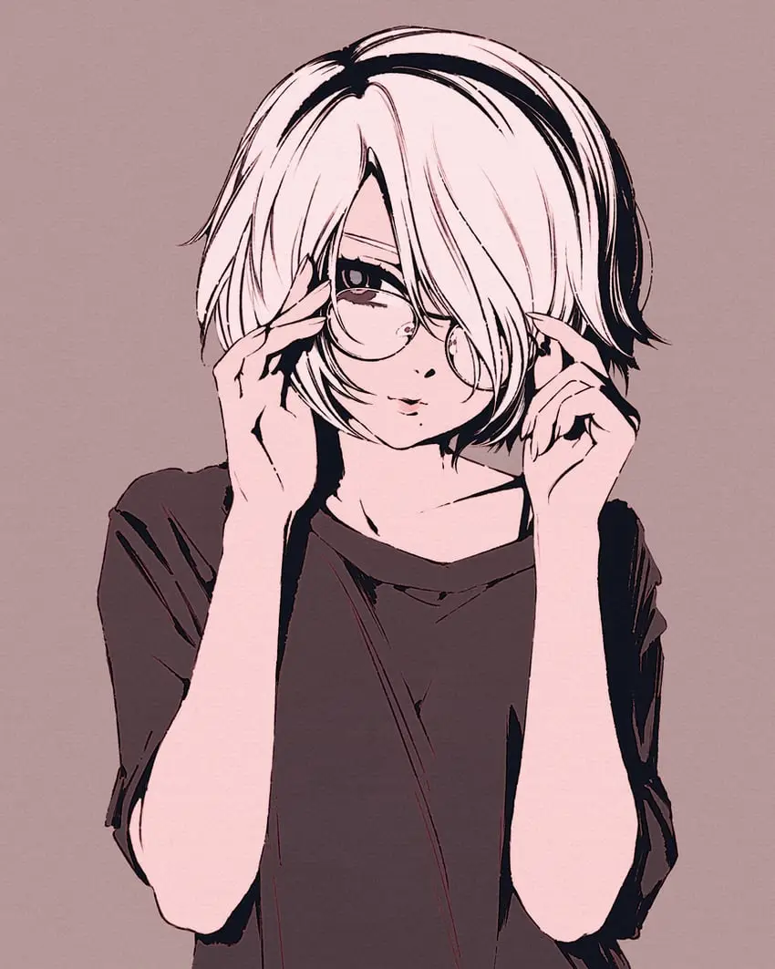 An anime-style illustration of a person with short white hair and glasses, pulling them down over their eyes with both hands…