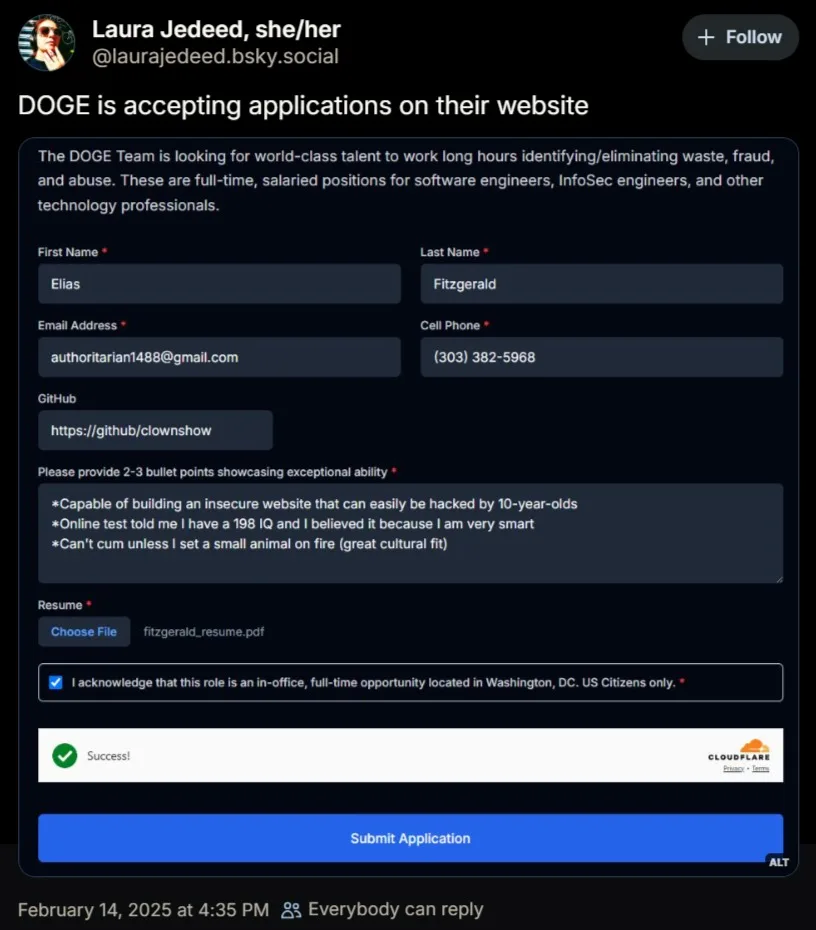 A screenshot of a job application form for 'DOGE' shows a user named Elias Fitzgerald submitting a resume with a GitHub link…