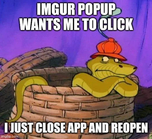 A cartoon yellow snake wearing a red cap lounges in a woven basket with arms crossed, looking annoyed. White bold text…