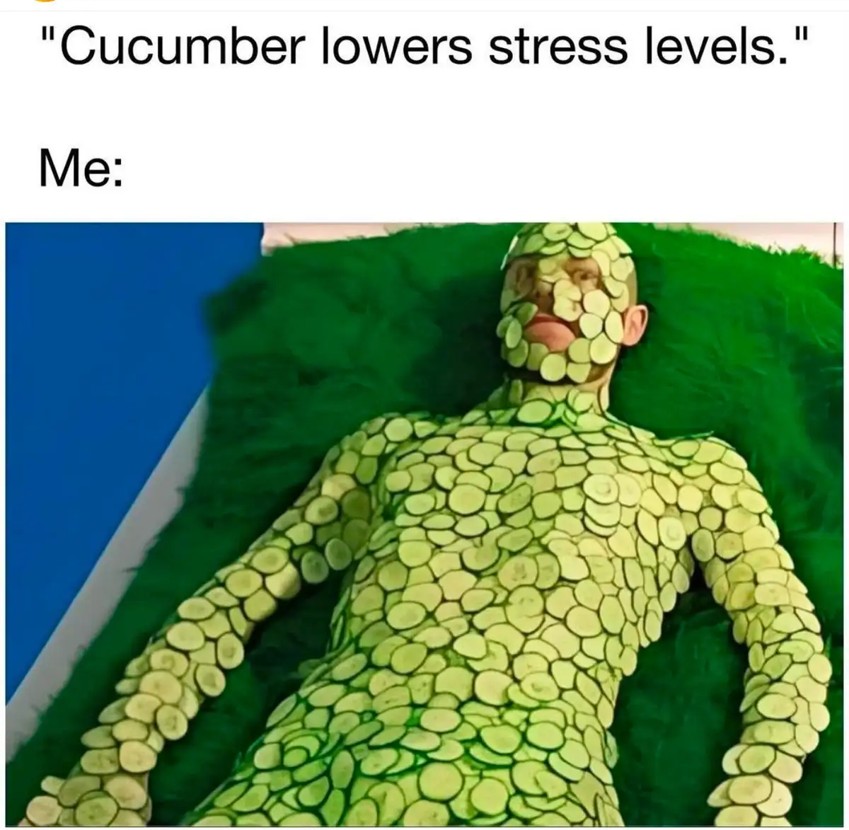 A person is lying down on a green surface, completely covered in sliced cucumbers, with their face also adorned with…