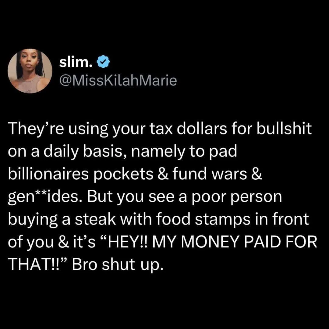 A screenshot of a tweet by user 'slim.' (@MissKilahMarie) with a black background and white text. The tweet criticizes how…