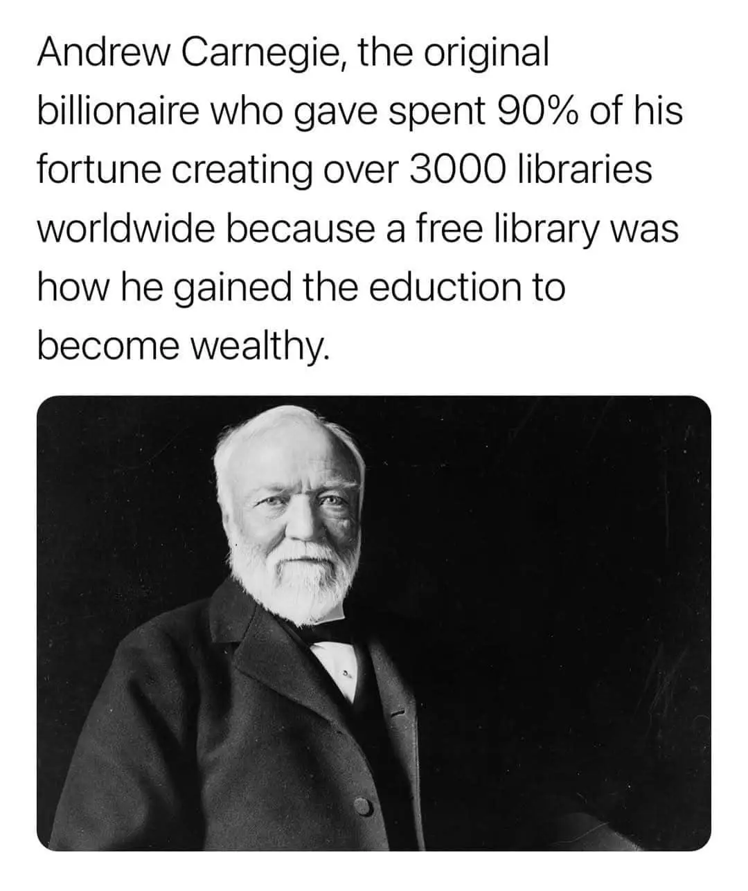 A black-and-white portrait of Andrew Carnegie, an older man with a white beard wearing a dark suit and bow tie, is overlaid…