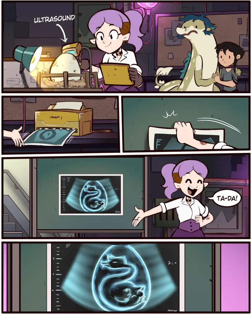 A comic strip shows a scientist performing an ultrasound on a large egg, revealing a dragon fetus inside. The scientist…