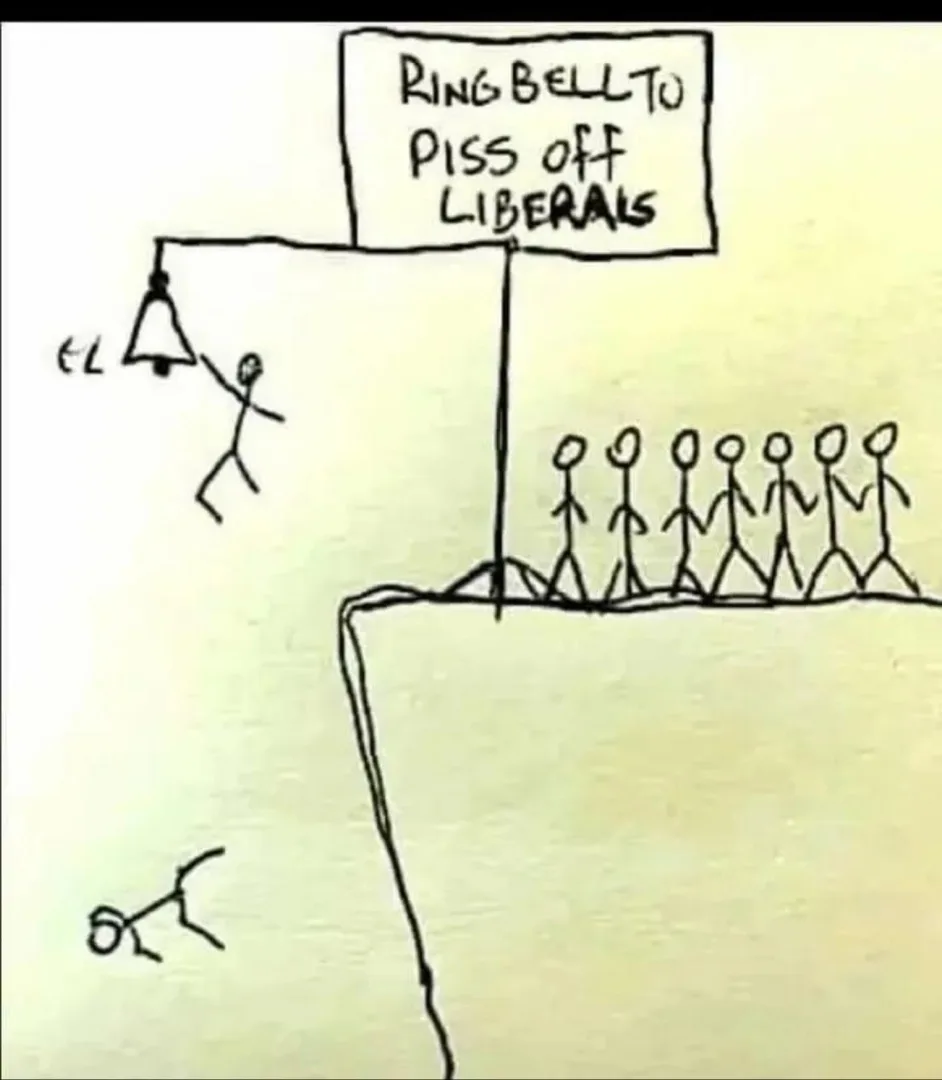 A crude stick figure drawing shows a person ringing a bell labeled 'RING BELL TO PISS OFF LIBERALS' while standing on a…