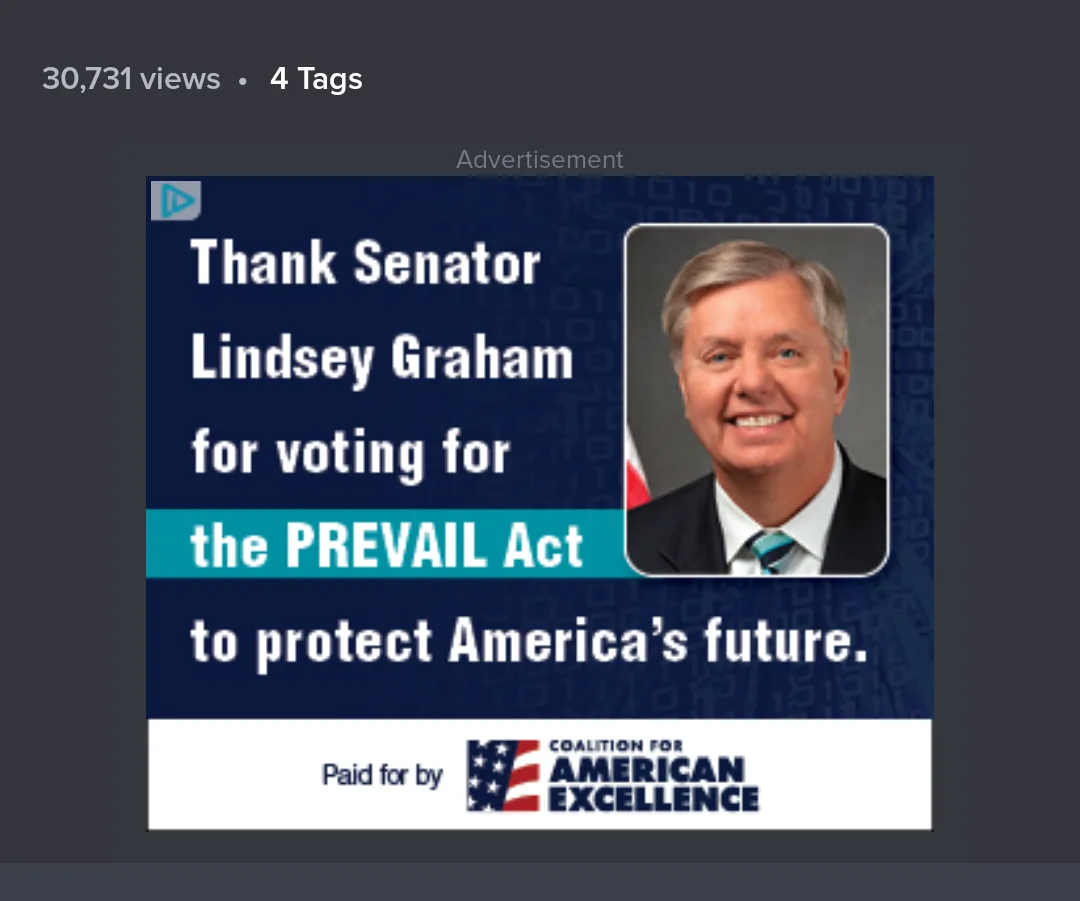 An advertisement-style image features a smiling photo of Senator Lindsey Graham alongside text thanking him for voting for…