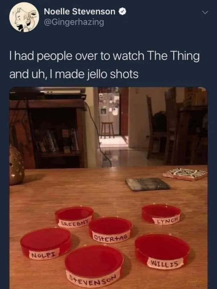 A screenshot of a tweet by Noelle Stevenson showing six red jello shots on a wooden table, each labeled with a name: NOLFI…