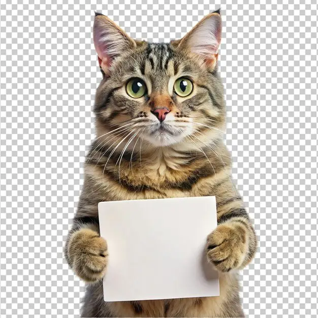 A tabby cat with wide green eyes and a surprised expression holds a blank white sign with both paws against a transparent…