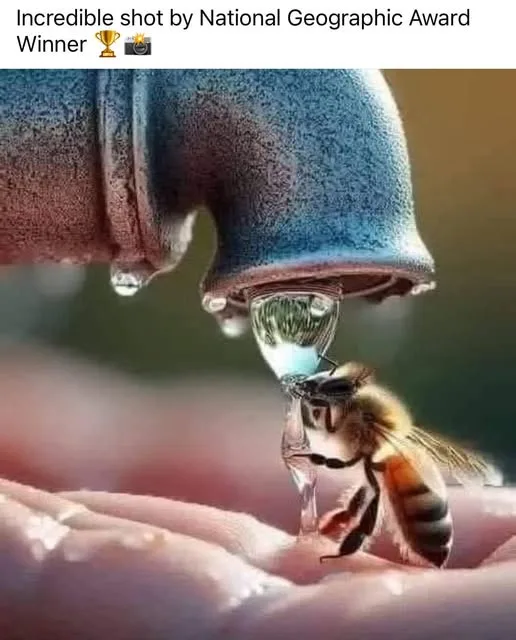 A close-up photograph shows a bee positioned directly under a dripping faucet, with a large water droplet suspended between…