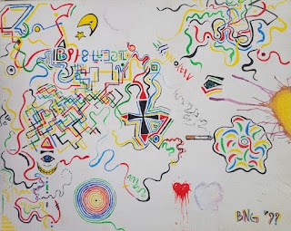 A chaotic, colorful child's drawing on white paper filled with abstract squiggles, geometric shapes, a sun, a moon, an eye…
