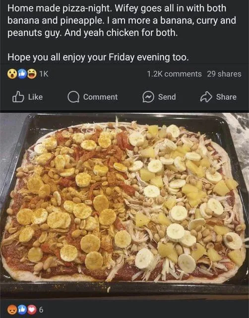 A homemade pizza on a baking tray is split down the middle: one half is topped with banana slices, pineapple chunks…
