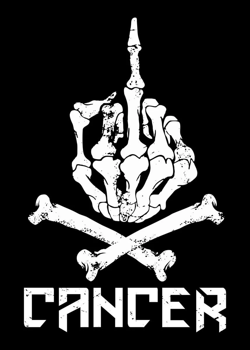 A black-and-white image features a skeletal hand making a rude gesture, with two crossed bones beneath it, and the word…