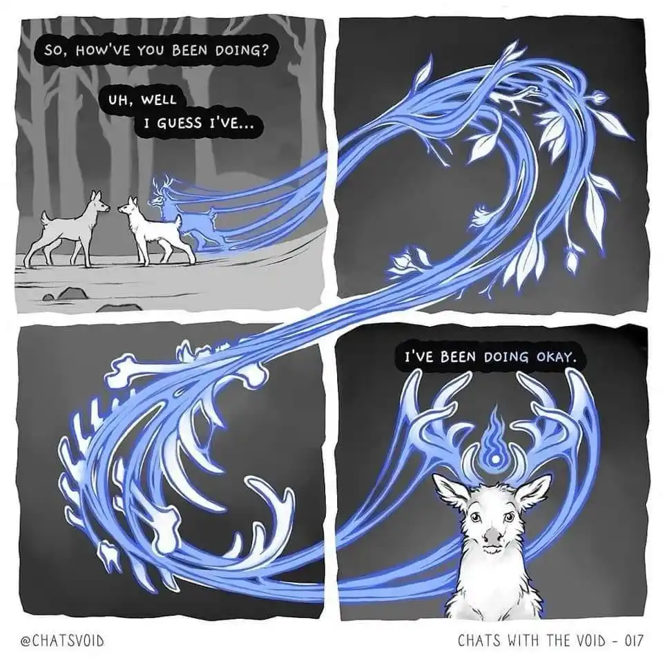 A four-panel comic shows a deer with a normal antler talking to another deer with a normal antler. The second deer's antlers…