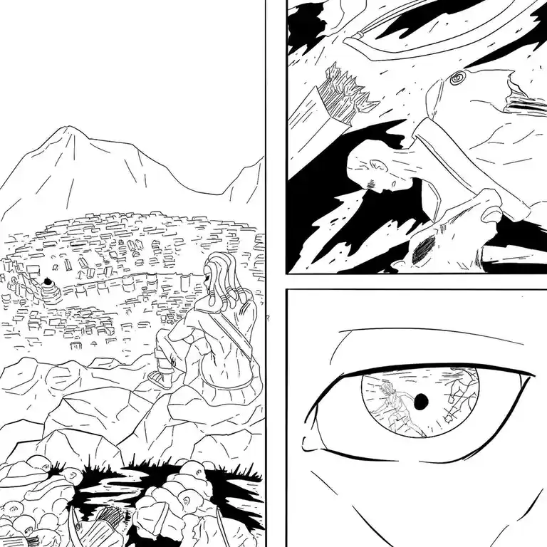 A black-and-white manga-style comic strip with three panels. The left panel shows a character sitting on rocks overlooking a…