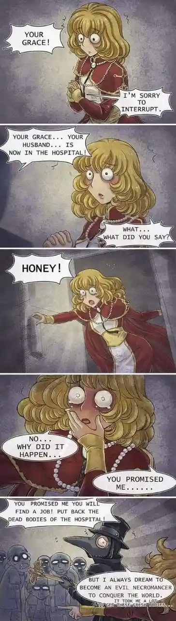 A comic strip shows a woman in a red dress and pearls reacting with shock and horror to news that her husband is in the…