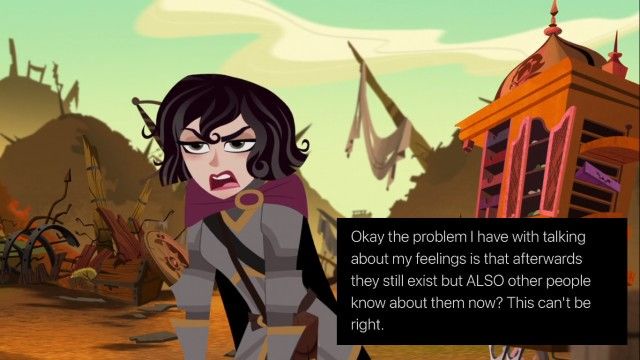 An animated female character with dark hair and a purple scarf stands in a desolate, ruined landscape with broken buildings…