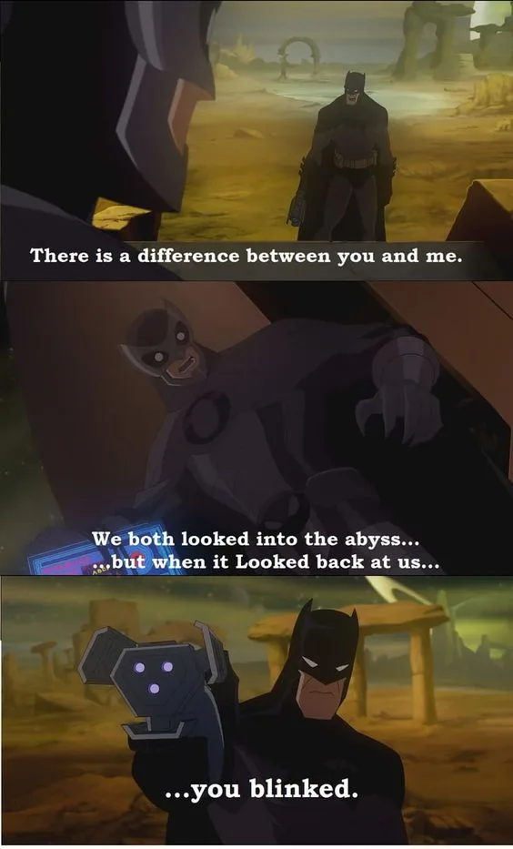 A three-panel comic strip from an animated Batman movie, showing Batman confronting an opponent. In the first panel, Batman…