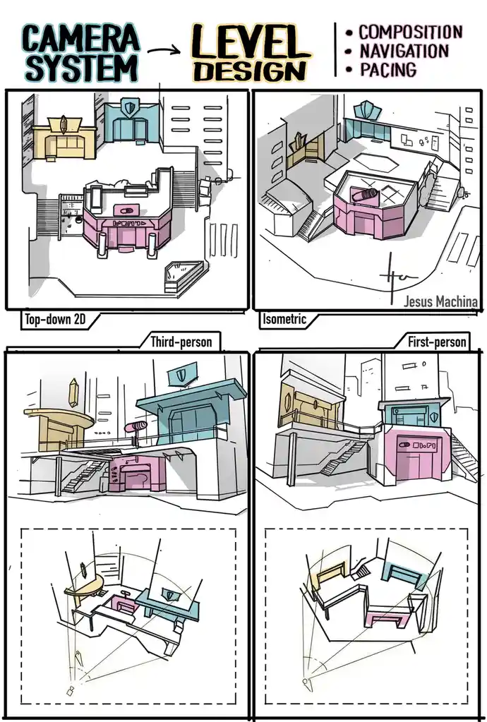 This image shows a game level design concept with four panels illustrating how the same environment looks from different…
