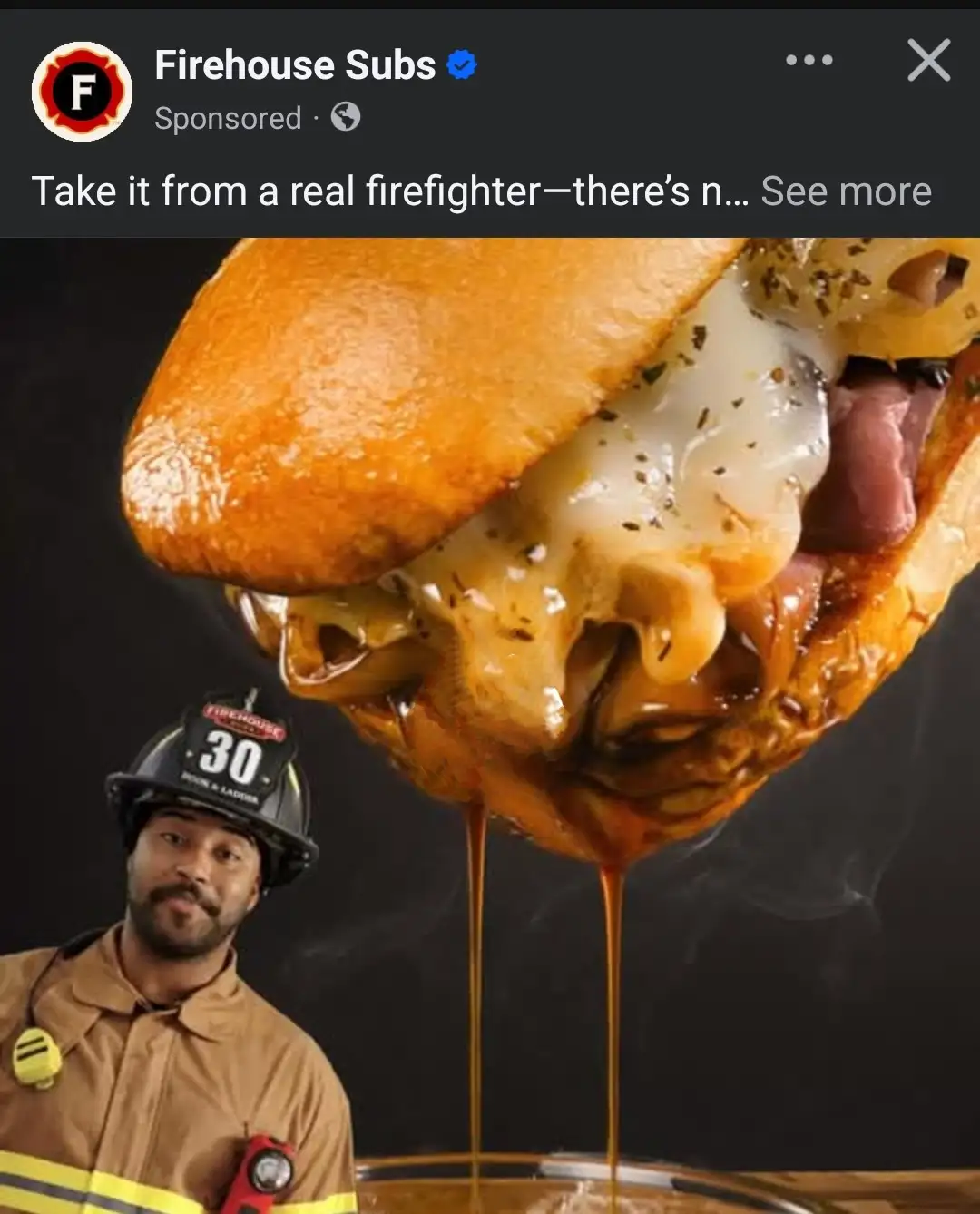 A sponsored Facebook ad for 'Firehouse Subs' shows a firefighter in uniform and helmet looking at the camera while a giant…