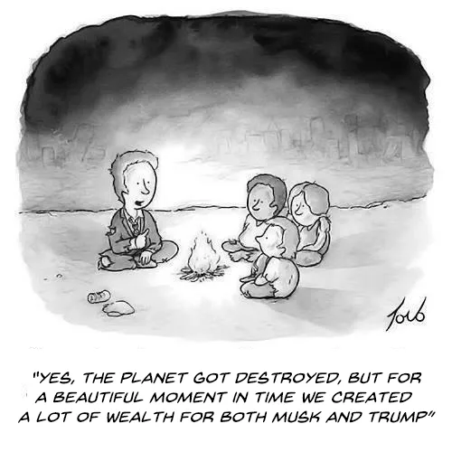 A black-and-white cartoon depicts four people sitting in a circle around a small campfire in a desolate, ruined landscape…
