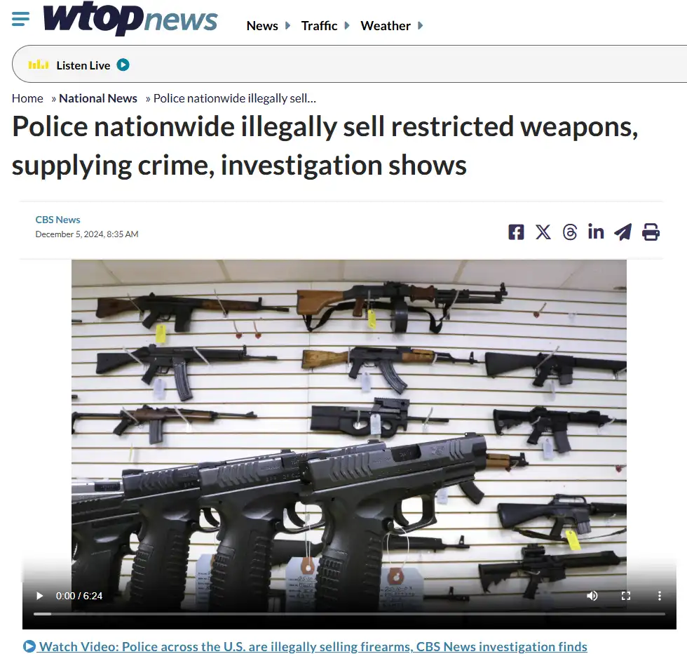 A screenshot of a WTOP News article with a headline about police illegally selling restricted weapons, showing a wall…