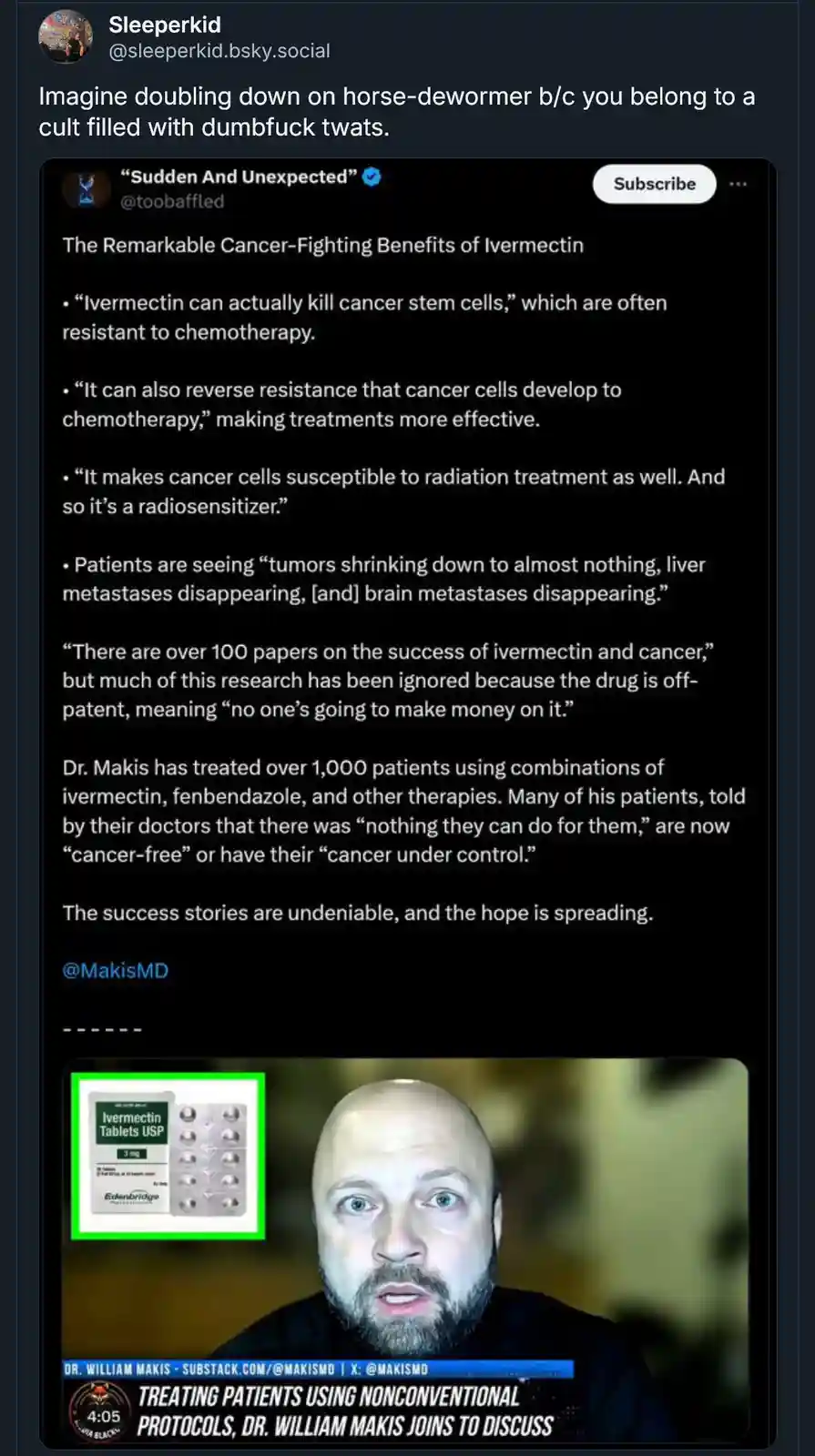 The image shows a screenshot of a YouTube video featuring Dr. William Makis, with a green box highlighting a package of…