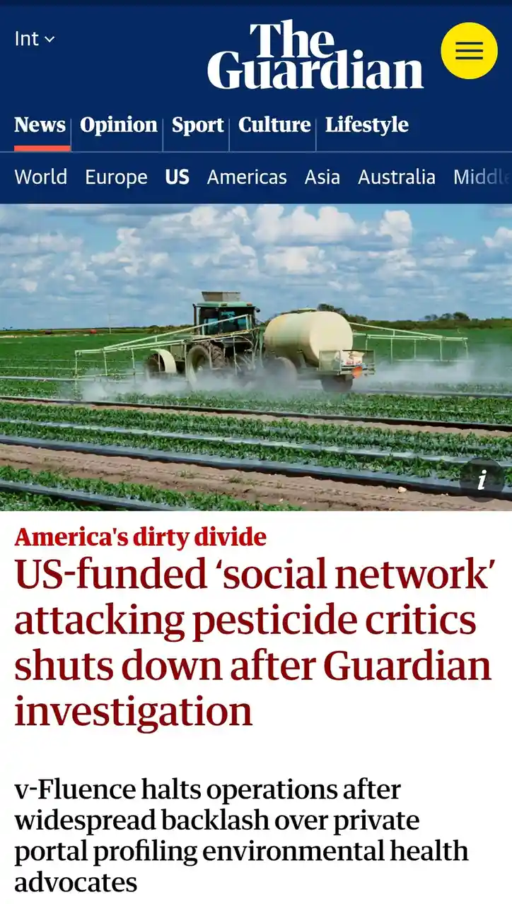 A screenshot of The Guardian's news article shows a tractor spraying pesticide in a field. The headline reads 'America's…