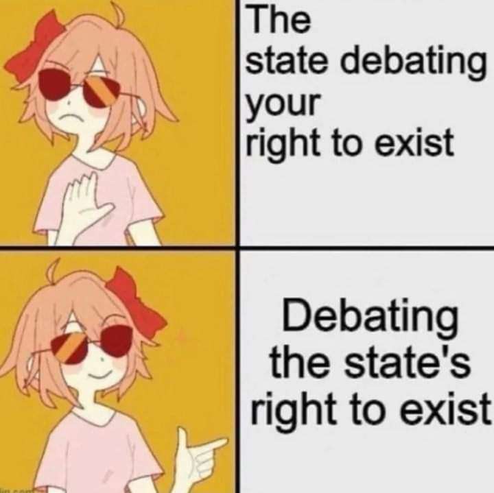 A two-panel meme featuring an anime girl with red sunglasses and a red bow. In the top panel, she holds her hand up with a…