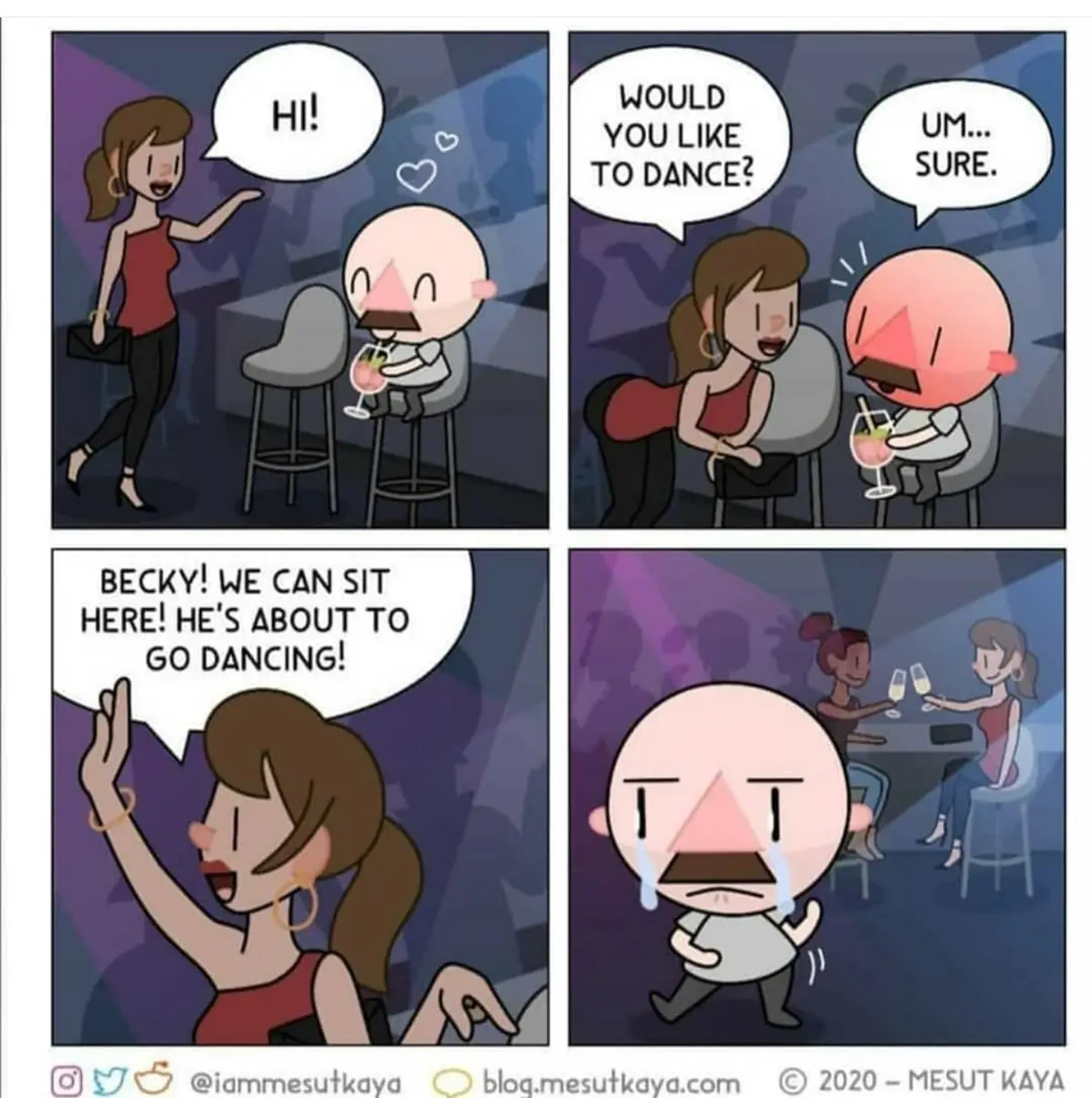 A four-panel comic shows a man at a bar being approached by a woman who asks him to dance. He agrees, but then another woman…