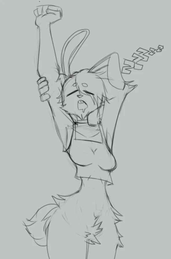 A rough sketch of an anthropomorphic rabbit character with closed eyes and a tired expression, raising one fist in the air…