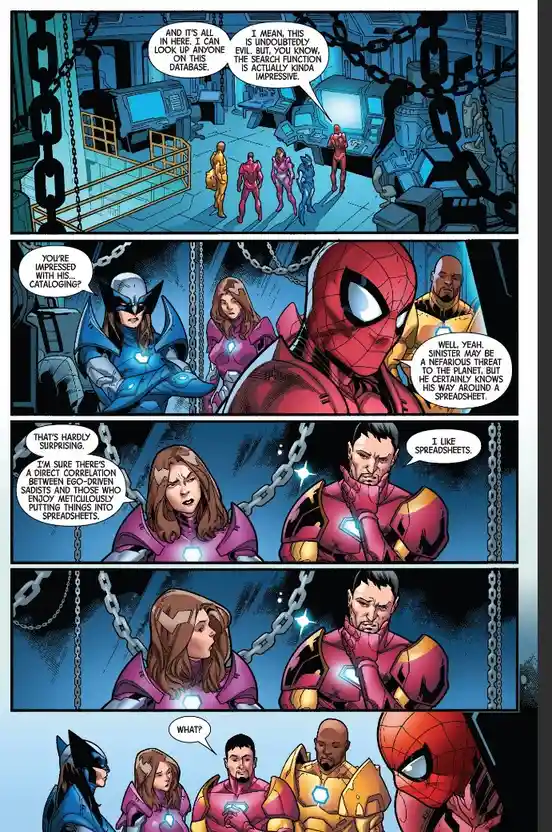 A comic book panel featuring Spider-Man, Iron Man, and other heroes in a high-tech, chained room. Spider-Man comments on the…