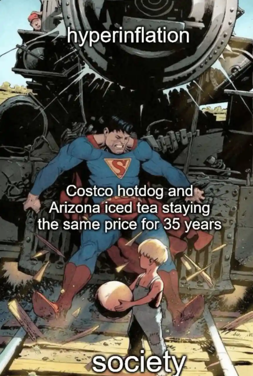 A comic book image shows Superman straining to stop a massive train from crushing a small child holding a ball. The text…