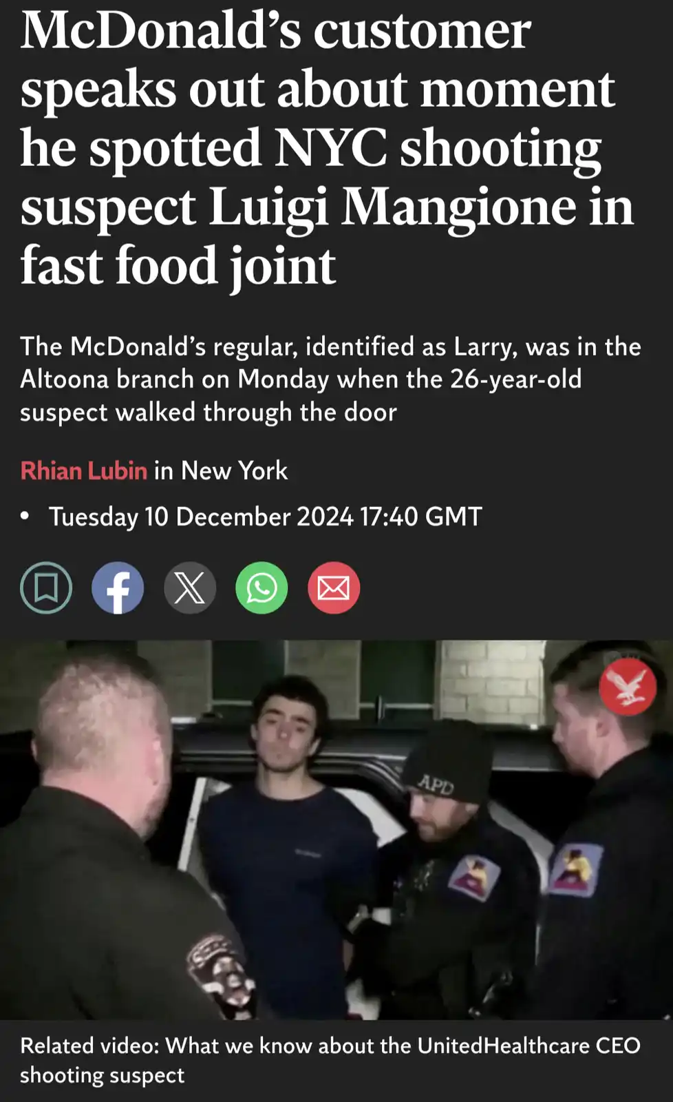 A screenshot of a news article shows a headline about a McDonald's customer identifying a suspect in a NYC shooting. The…
