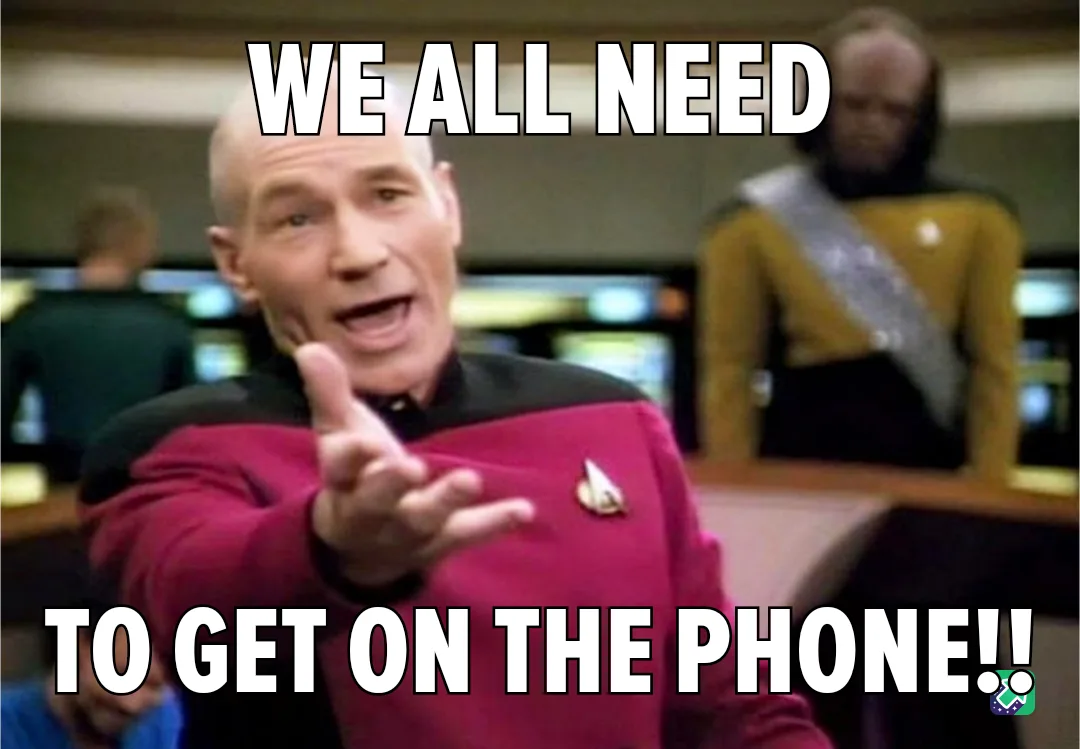 A still image of Captain Jean-Luc Picard from Star Trek: The Next Generation, wearing a red uniform and pointing forward…