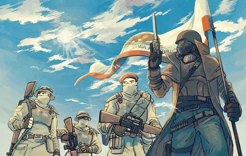 Four armed soldiers in post-apocalyptic gear stand under a bright sun with a flag that reads 'NEVADA REPUBLIC' and a large…
