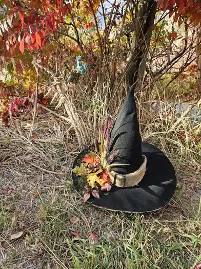 A black witch hat decorated with autumn leaves, pinecones, and dried grasses sits on grass amidst fall foliage. The hat has…