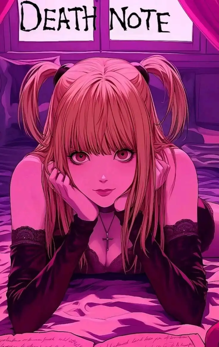 An anime-style illustration shows a young woman with pink hair in twin pigtails, wearing a dark outfit with lace sleeves and…
