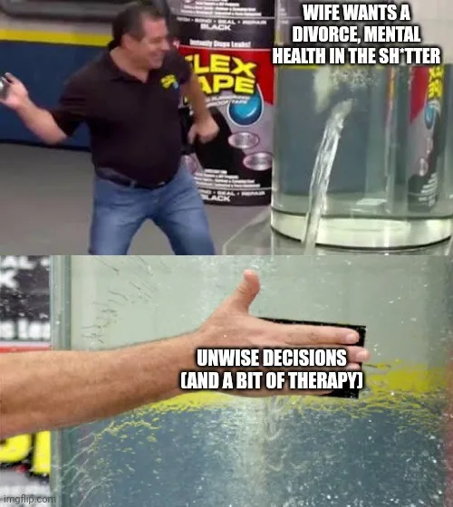 The top panel shows a man in a black shirt and jeans dramatically gesturing while standing next to a large container of Flex…