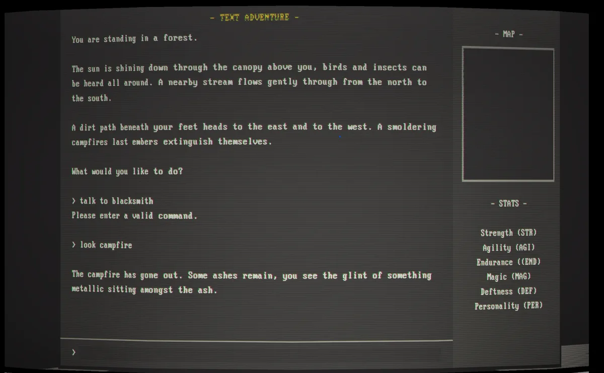 A text adventure game interface shows a player attempting to 'talk to blacksmith' but receiving an error message. The game…