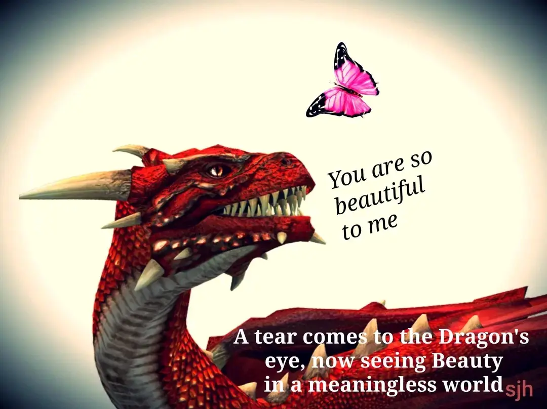 A red dragon with sharp teeth and horns looks up at a pink and black butterfly. Text overlaid on the image reads 'You are so…